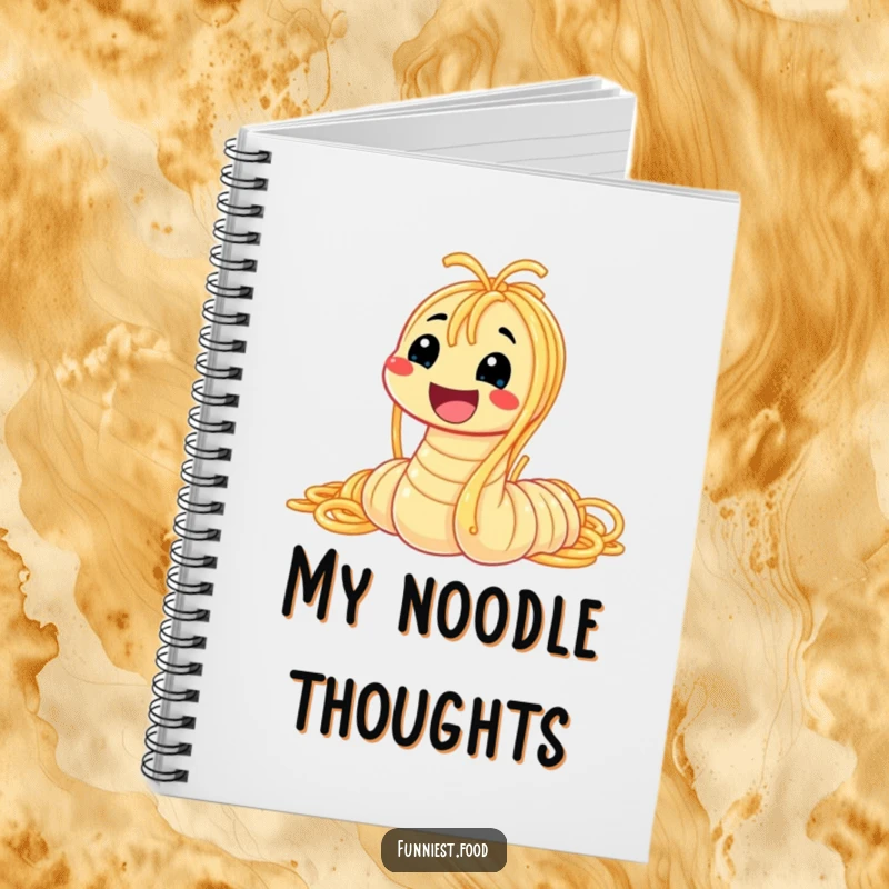 Funny spaghetti worm notebook with a smiling worm made of spaghetti on the cover, perfect for notes and recipes with a humorous twist.