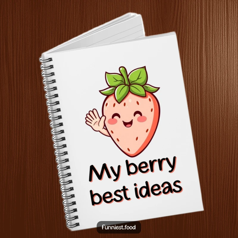 Funny notebook featuring a happy strawberry character with leafy hair, waving hello and ready to hold your notes.