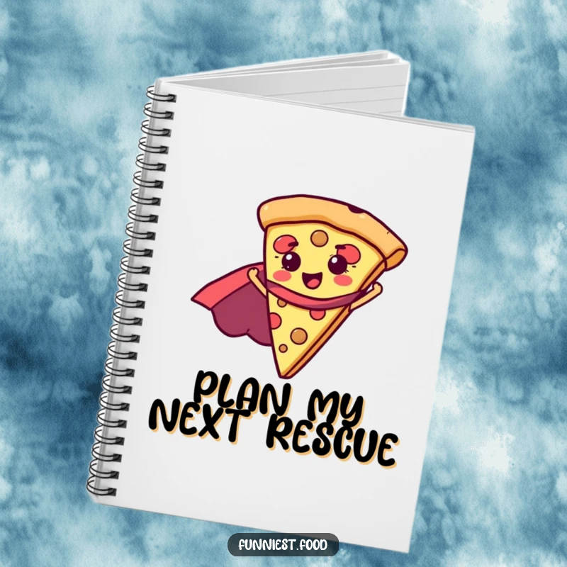 Funny pizza slice in a superhero cape, featured on a notebook cover, perfect for writing heroic plans and jokes, a useful funny gift.