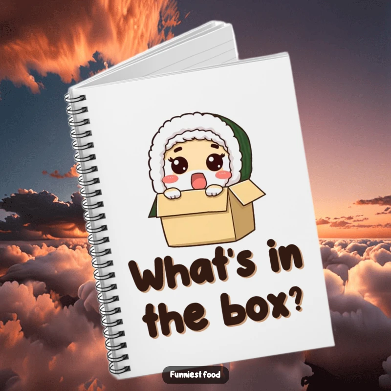 Funny notebook featuring a surprised sushi roll character peeking out from a box, ideal for journaling or note-taking.
