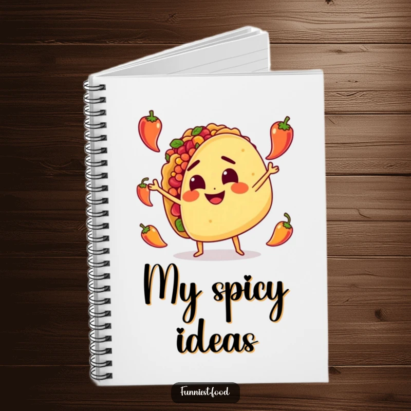 Funny Notebook: A smiling taco character with intense focus juggles tiny peppers, inspiring creativity and culinary adventures.