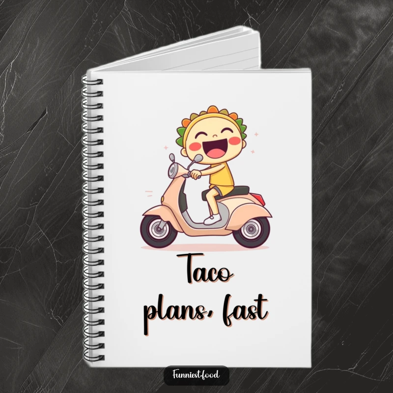 Funny notebook with a laughing taco character riding a scooter with speed lines.