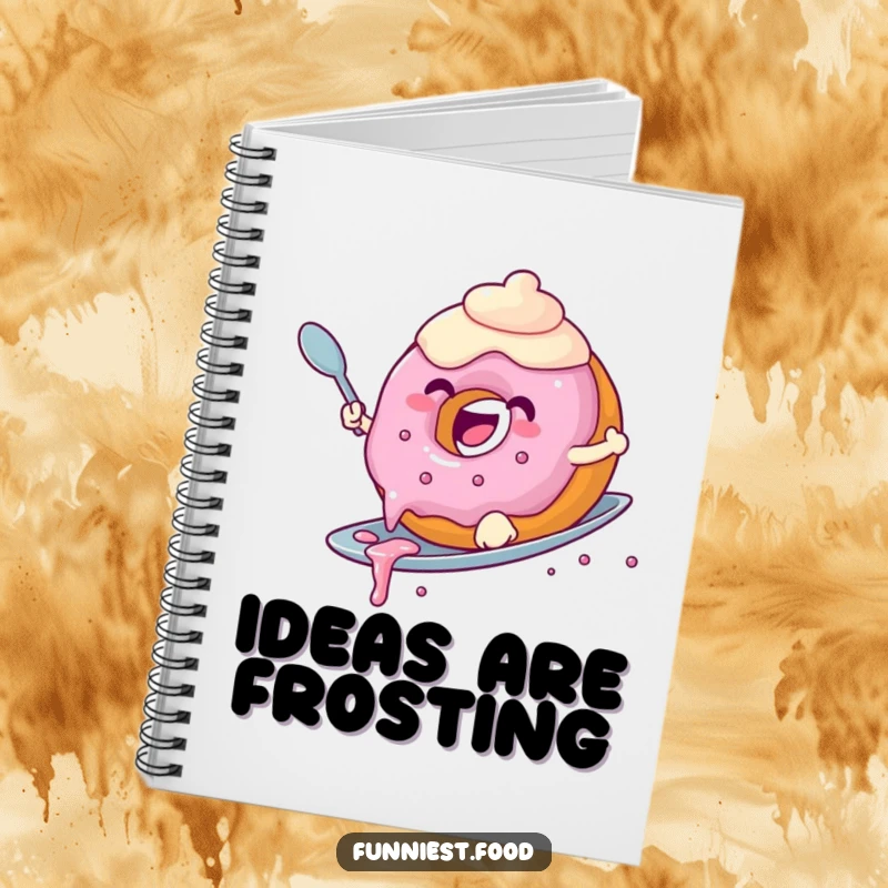 Funny donut notebook featuring a joyful donut with dripping frosting surfing a spoon, perfect for jotting notes with a fun gift.