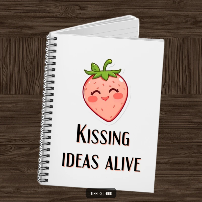 Funny strawberry notebook with a cheerful red strawberry blowing a kiss on the cover, perfect for jotting down notes with a smile.