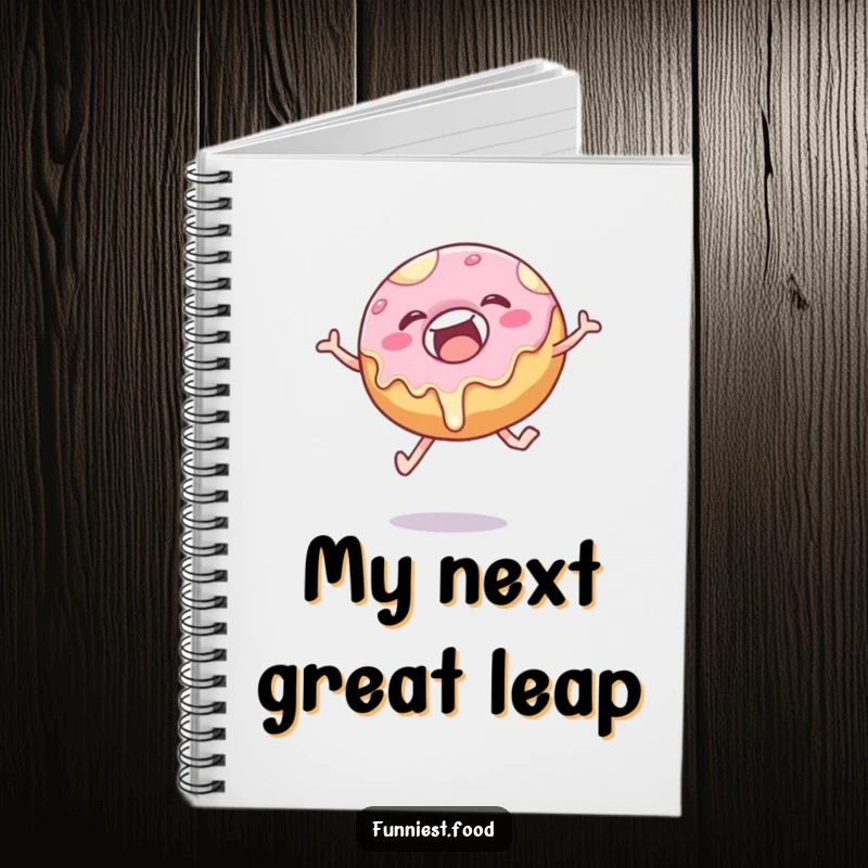 Funny donut notebook with a delighted pastry mid-leap, frosting dripping, ready to capture notes and ideas.