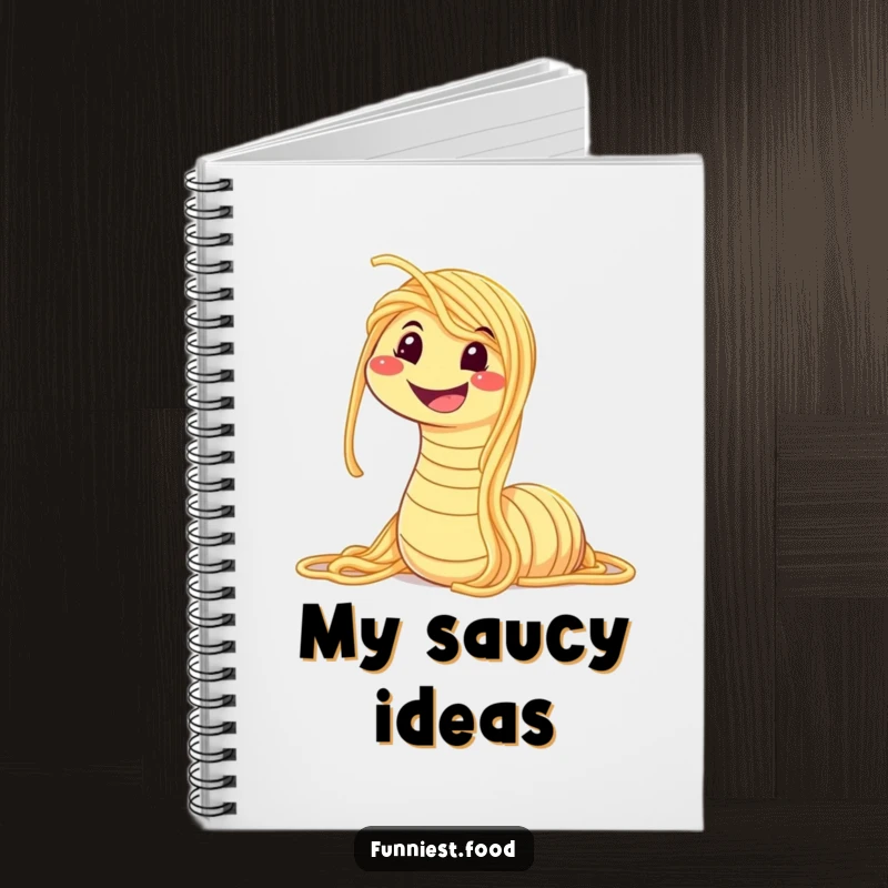 Funny notebook featuring a smiling spaghetti worm, ideal for journaling, note-taking, or doodling with a humorous, pasta-themed twist.