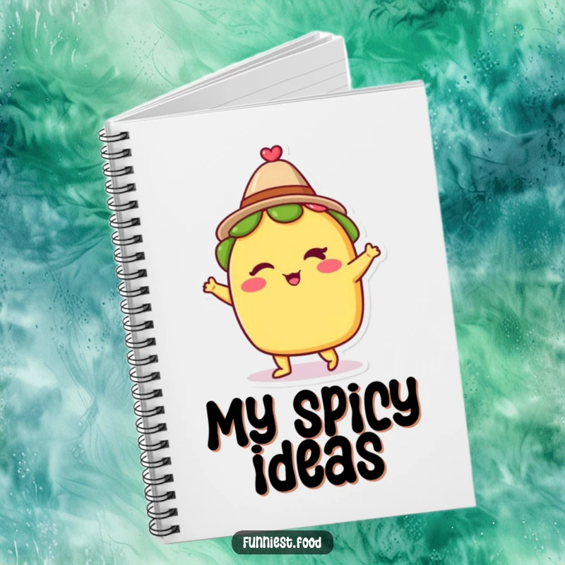 Funny notebook featuring a winking taco in a tiny hat, dancing with joy, inspiring delicious ideas and festive plans with its playful design.