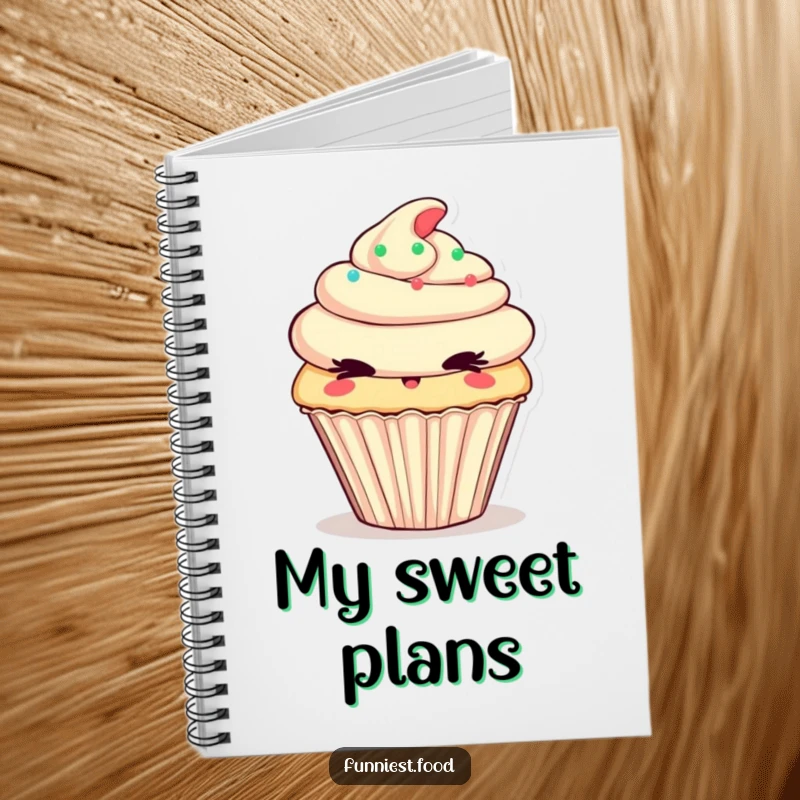 Funny Notebook with a cheeky cupcake character winking mischievously, ideal for writing notes, journaling, or creative planning.