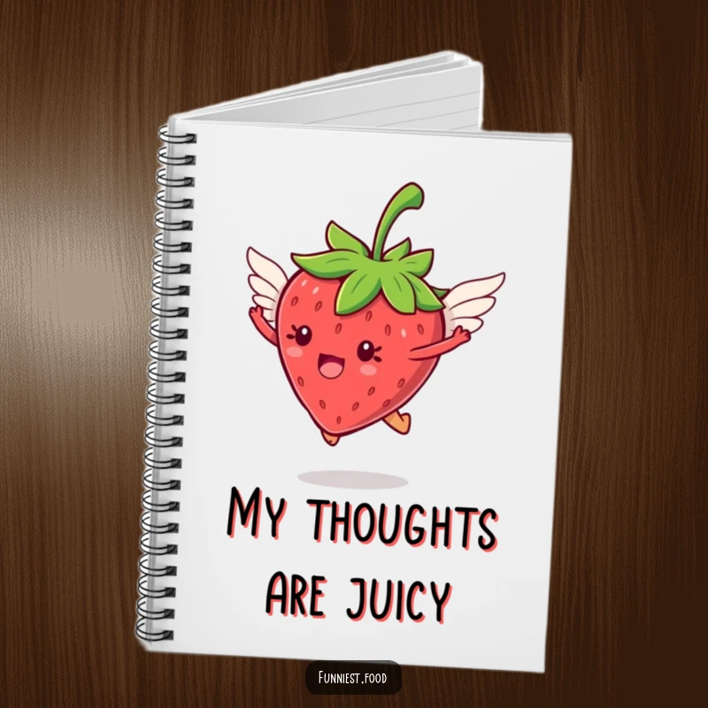 Funny jumping strawberry with tiny wings flying on a notebook, for capturing ideas with whimsical charm, a superb funny gift.
