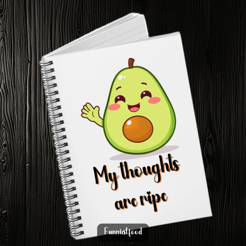 Funny avocado notebook featuring a delighted avocado character waving hello, ideal for jotting down notes with humor.