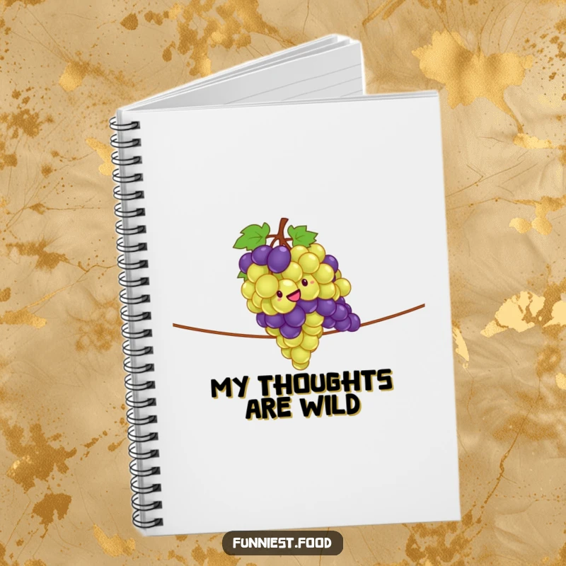 Funny notebook with a giddy bunch of grapes performing a tightrope act, perfect for notes and doodles.