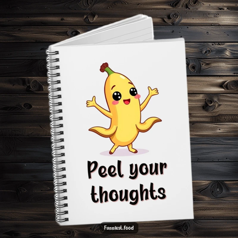 Funny banana character dancing with peel legs outstretched on a notebook cover, perfect for jotting notes.
