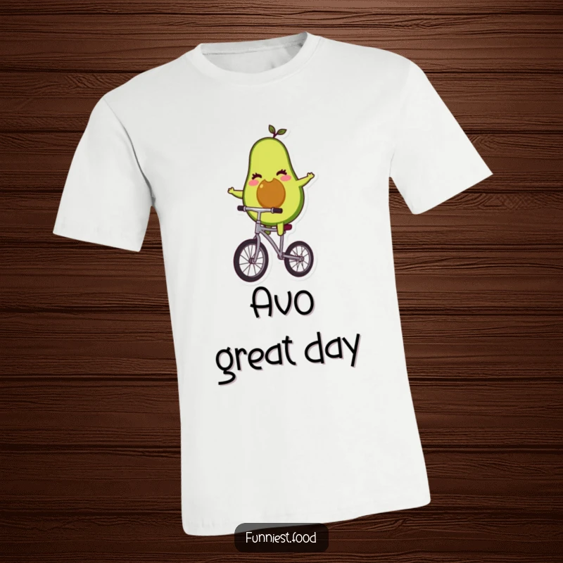 Funny winking avocado character balancing on a unicycle on a t-shirt, radiating cool confidence.