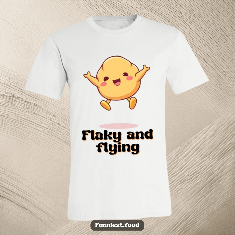 Funny t-shirt depicting a happy croissant character mid-air jump, with butter pats for feet, embodying delightful baked goods humor.