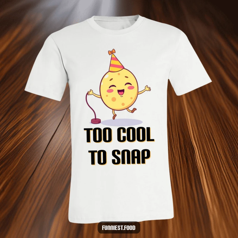 Funny chip character in a party hat attempting to jump rope on a t-shirt, ready for fun.