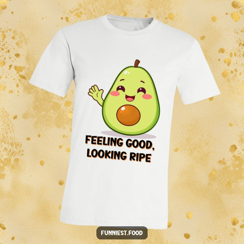 Funny avocado t-shirt with a smiling avocado character enthusiastically waving, conveying a friendly and humorous vibe.