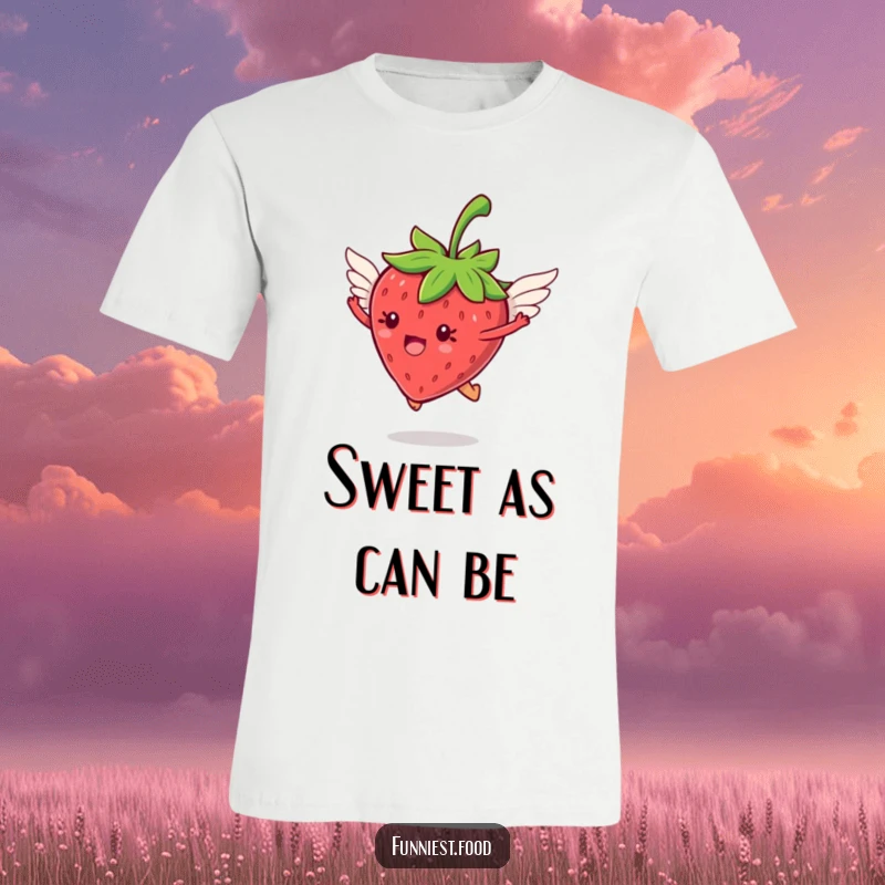 Funny jumping strawberry with tiny wings flying on a t-shirt, showcasing whimsical freedom and fruity fun, a fantastic funny gift.