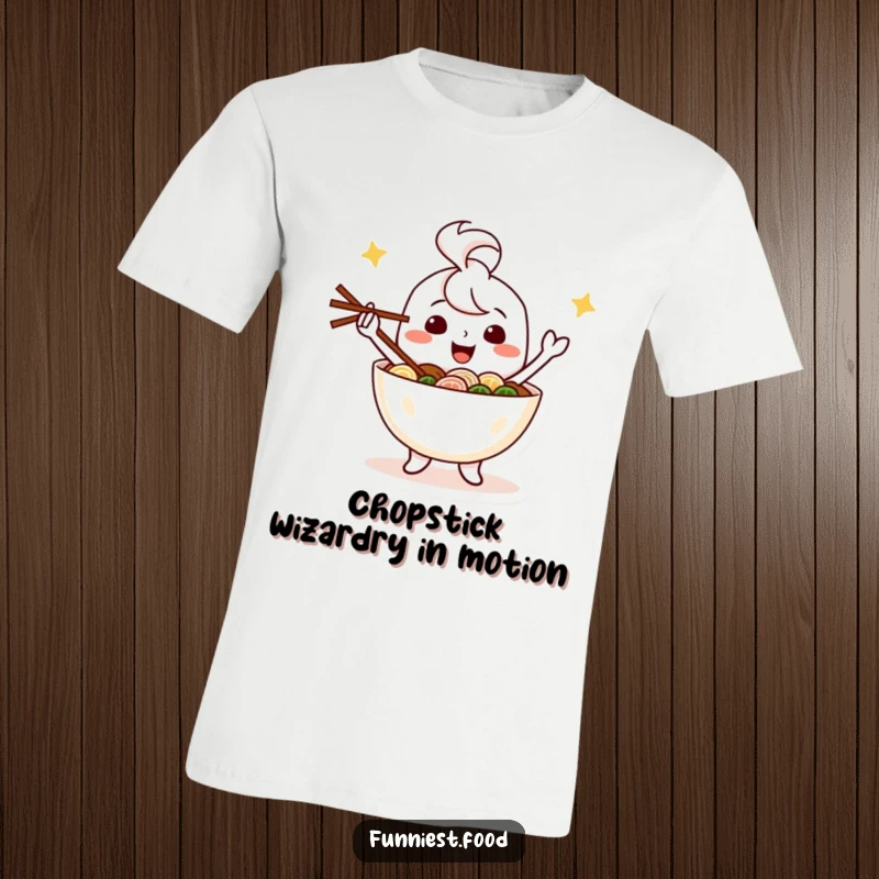 Funny t-shirt graphic of a happy ramen bowl character joyfully juggling chopsticks, a humorous food-themed design.