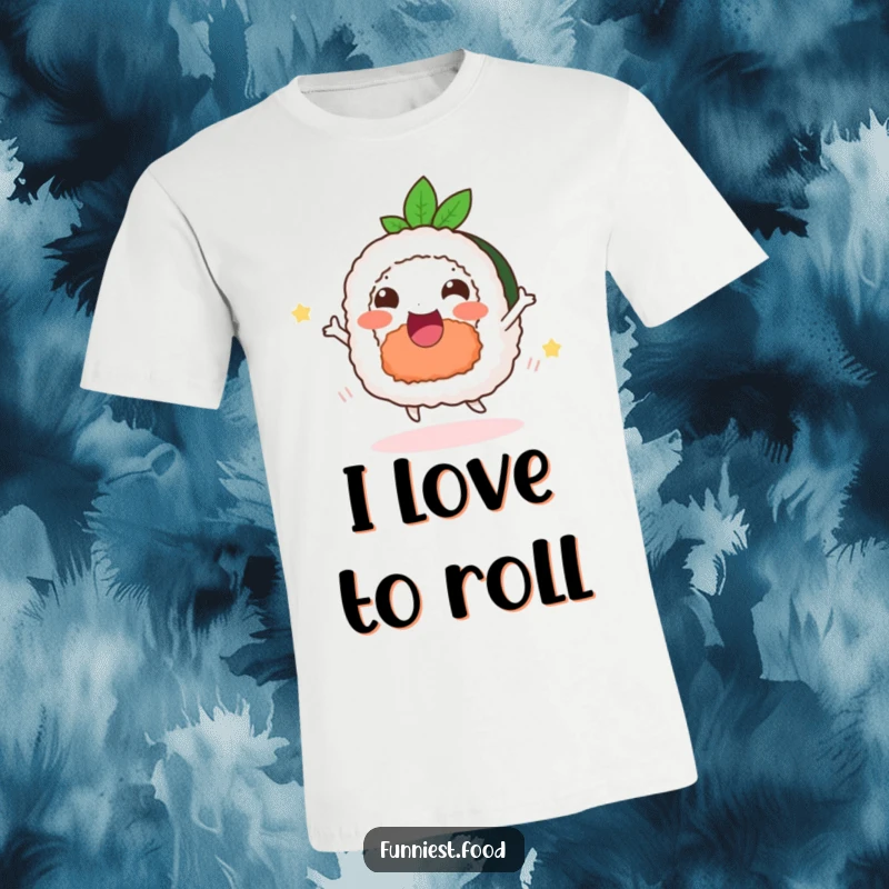 Funny happy sushi dance t-shirt, featuring a delighted roll grooving, joyful food apparel.