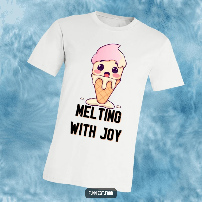 Funny Ice Cream T-Shirt depicting a surprised ice cream cone character melting with excitement, joyful and fun.