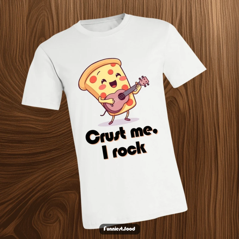 Funny Pizza T-Shirt: A dynamic pizza slice character energetically plays a tiny ukulele, embodying pure musical fun.