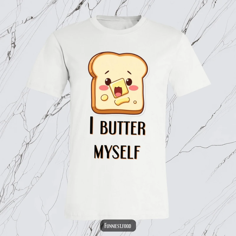 Funny self-buttering toast t-shirt, showing a shocked piece of toast, humorous food apparel.