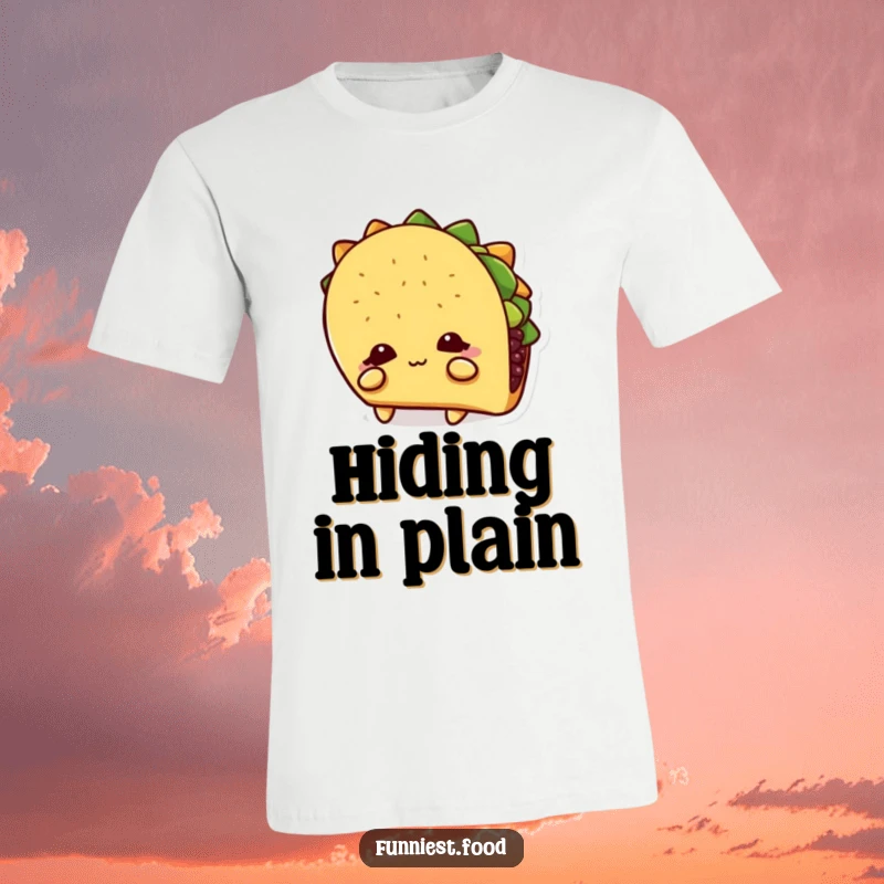 Funny T-Shirt: A shy taco character is partially obscured by its own shadow, illustrating a relatable sense of bashfulness.