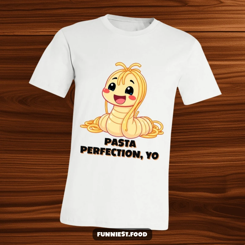 Funny spaghetti worm t-shirt featuring a smiling worm made of spaghetti, a whimsical and humorous design for pasta enthusiasts.