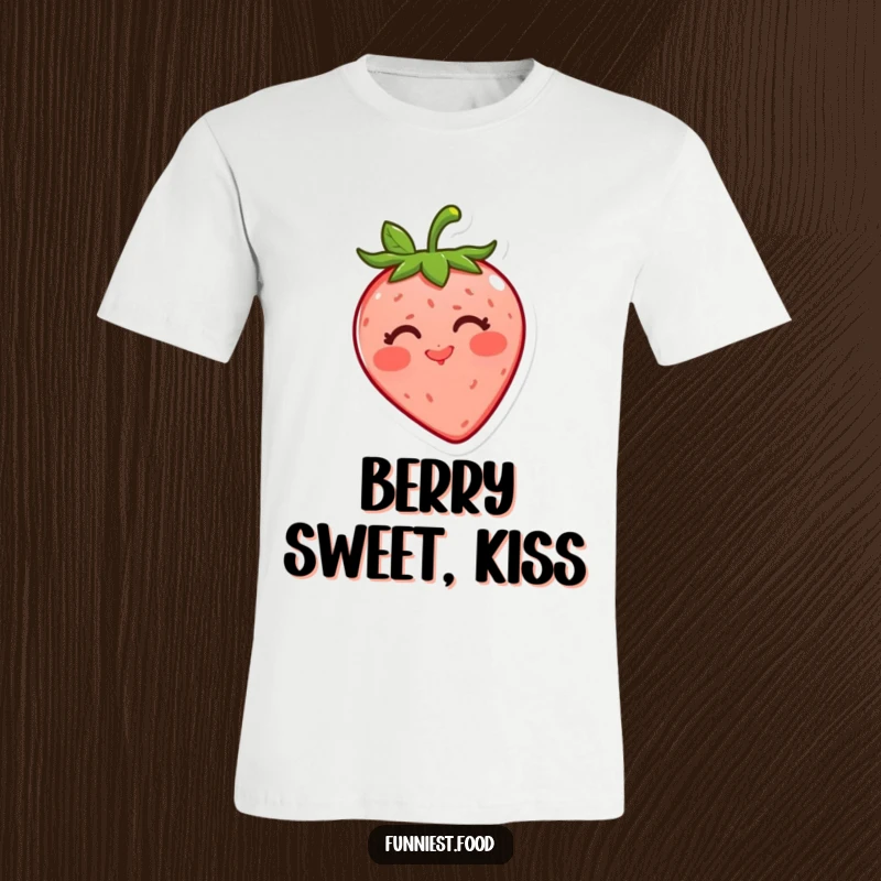 Funny strawberry t-shirt featuring a joyful red strawberry character blowing a kiss, exuding happiness and charm for a fun outfit.