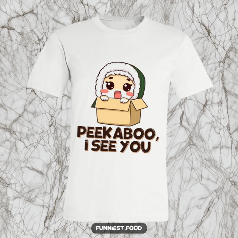 Funny t-shirt graphic of a surprised sushi roll character peeking out from a cardboard box, a comical food design.