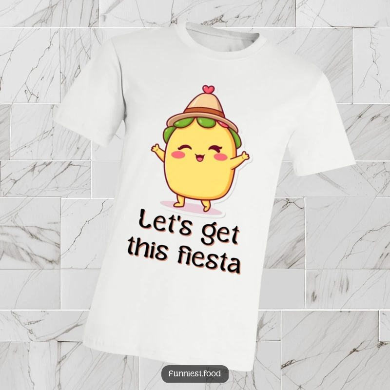 Funny t-shirt depicting a winking taco in a small hat, dancing energetically, embodying a spirit of celebration and culinary delight.