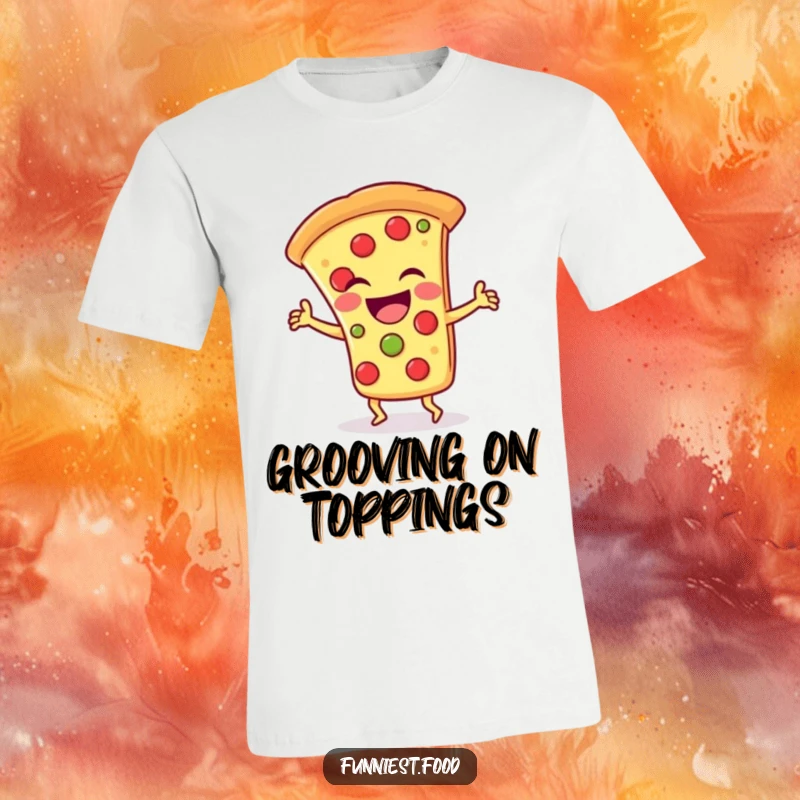 Funny T-Shirt: A laughing pizza slice character in a silly dance pose, embodying cartoon party energy and joy.