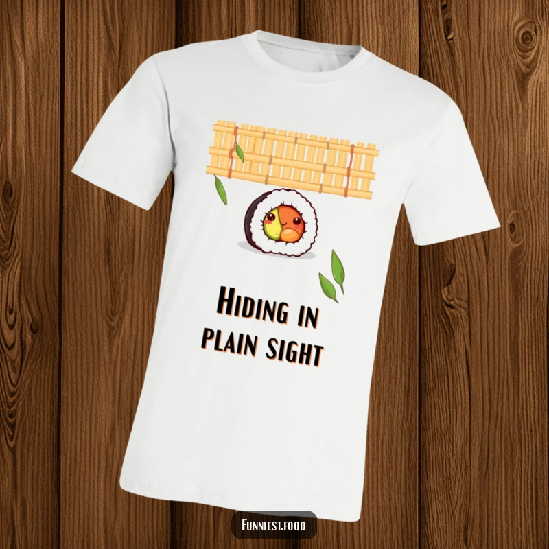 Funny t-shirt featuring a shy sushi roll peeking from behind a bamboo mat, embodying a sweet, bashful, and understated sense of humor.