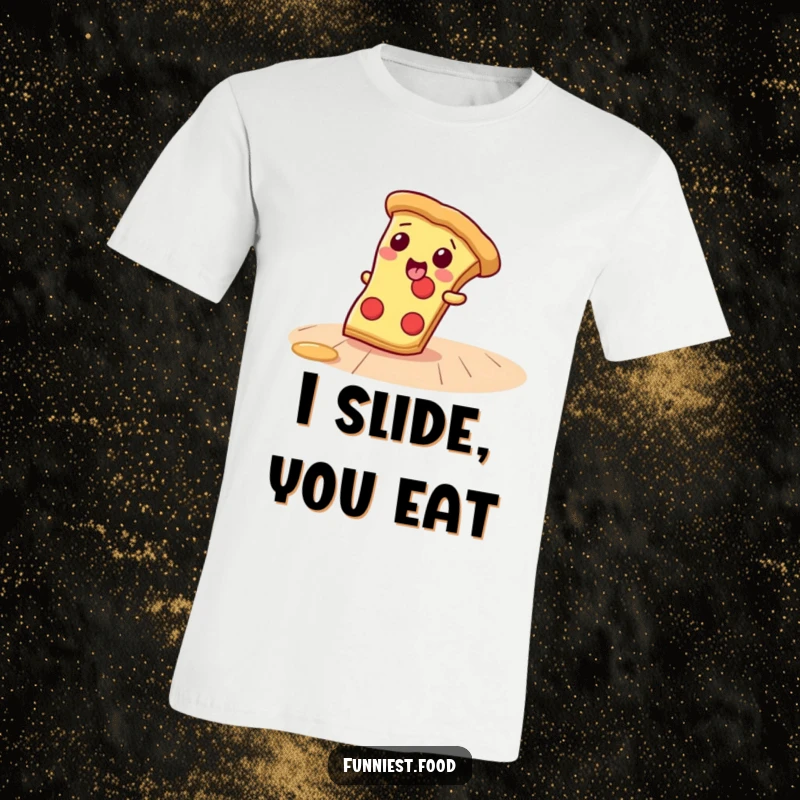 Funny T-Shirt depicting a giggling pizza slice character joyfully sliding across a smooth floor, a celebration of delicious fun.