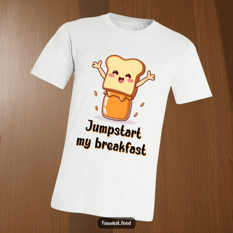Funny T-Shirt: A smiling piece of toast mid-air, triumphantly leaping over a bright red jam jar.