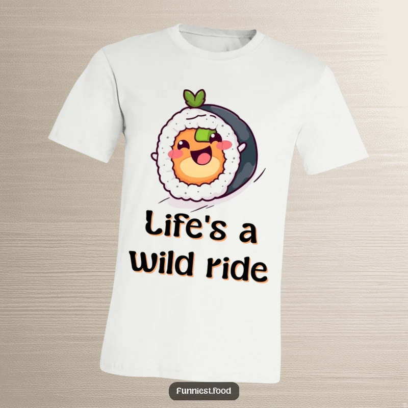 Funny sushi roll character with a happy expression, rolling downhill on a t-shirt, a vibrant and humorous graphic.