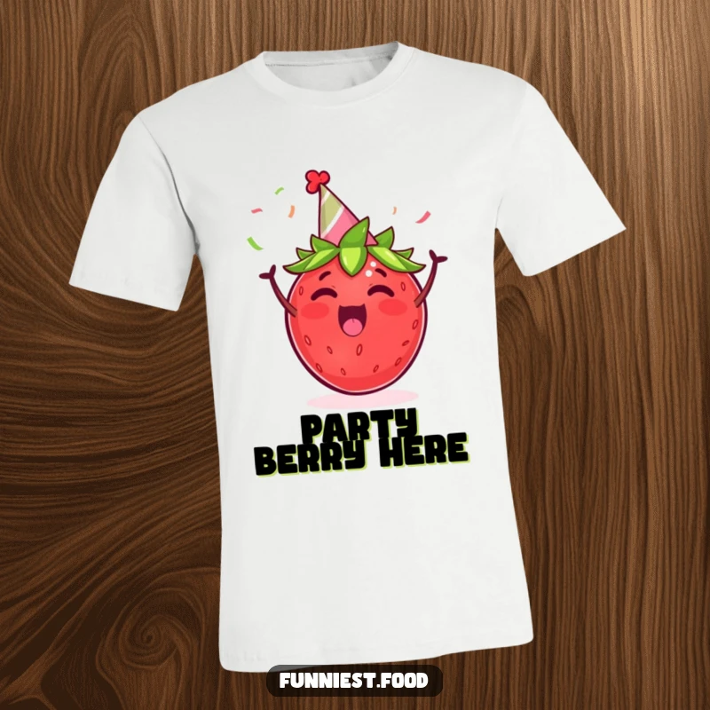 Funny t-shirt with an excited strawberry in a party hat cheering with streamers, exuding pure, contagious happiness.