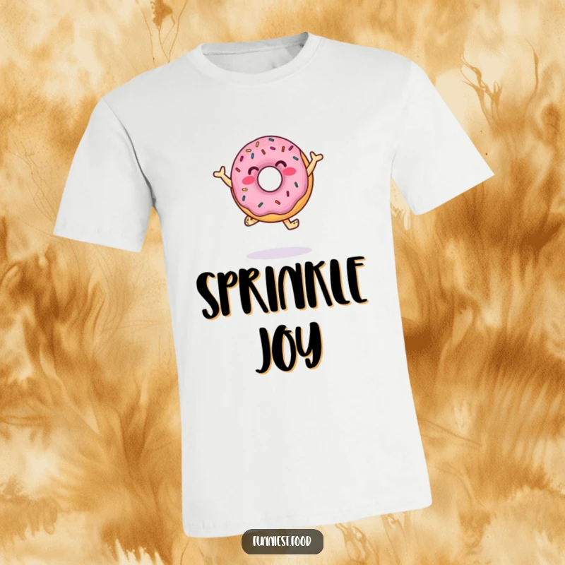Funny T-Shirt featuring a jumping donut character covered in sprinkles, doing a joyful dance, embodying fun and sweetness.