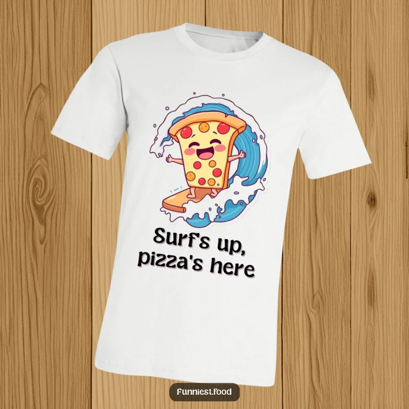 Funny laughing pizza slice surfing a soda wave on a t-shirt, showcasing extreme fun and pizza passion, a fantastic funny gift.