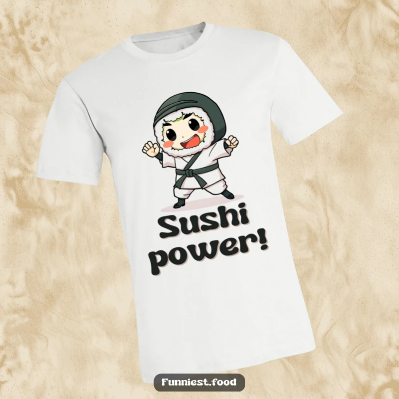 Funny Sushi T-Shirt: A gleeful sushi roll character executes a powerful karate chop, showcasing its fun and action-packed personality.