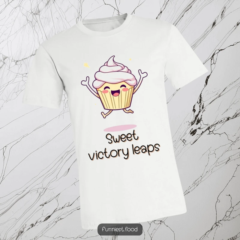 Funny t-shirt graphic of a joyful cupcake character performing a celebratory jump, a delightful and energetic food design.