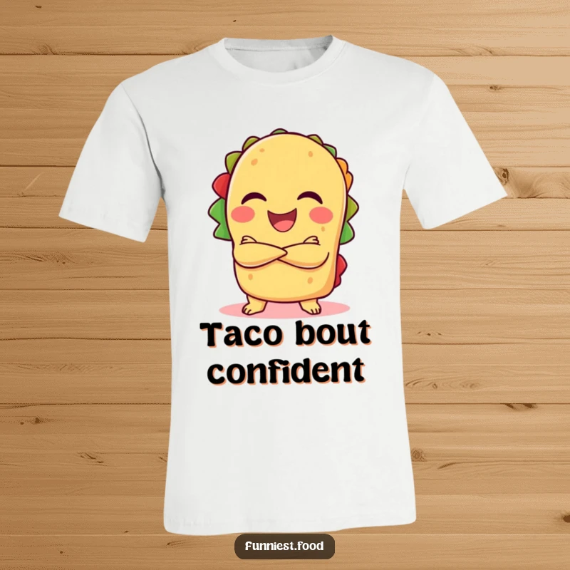 Funny laughing taco character with crossed arms on a t-shirt, exuding confidence and humor.