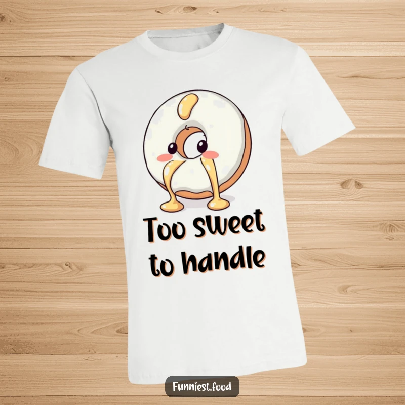 Funny t-shirt graphic of a blushing donut character hilariously trying to escape a sticky syrup drizzle, a cute food design.