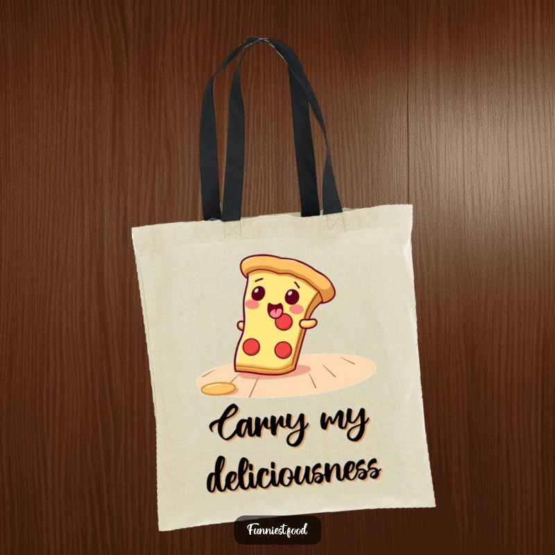 Funny Tote Bag showcasing a giggling pizza slice sliding on a floor, perfect for carrying groceries or essentials with a cheesy flair.