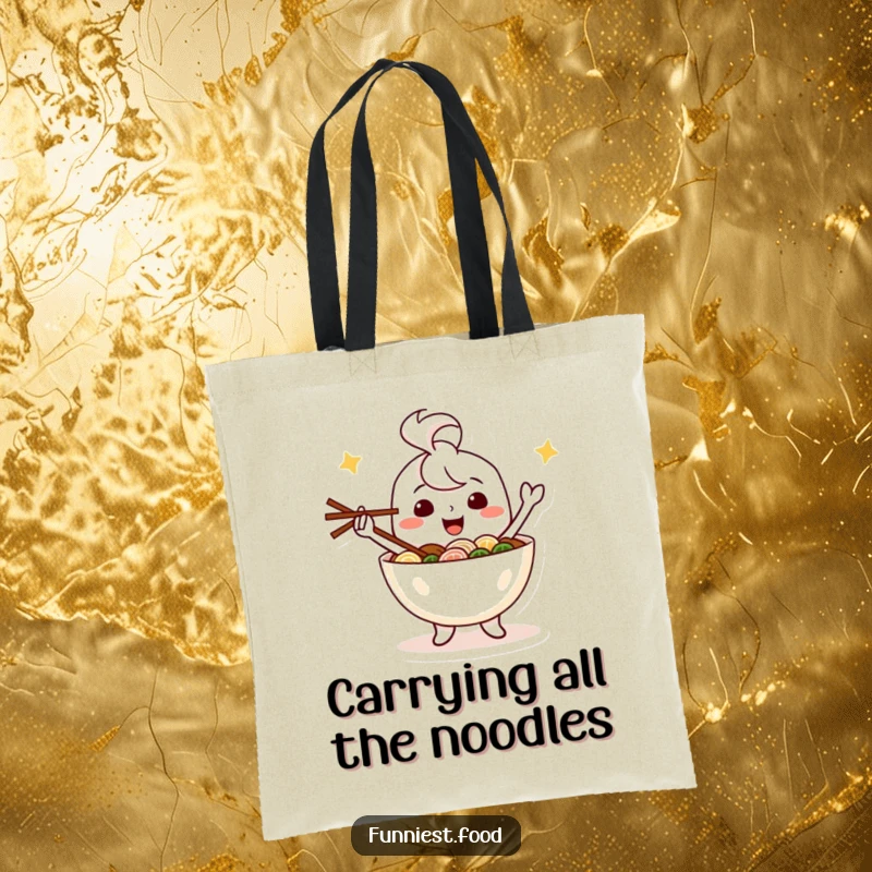 Funny tote bag with a happy ramen bowl character juggling chopsticks, perfect for groceries or daily essentials.
