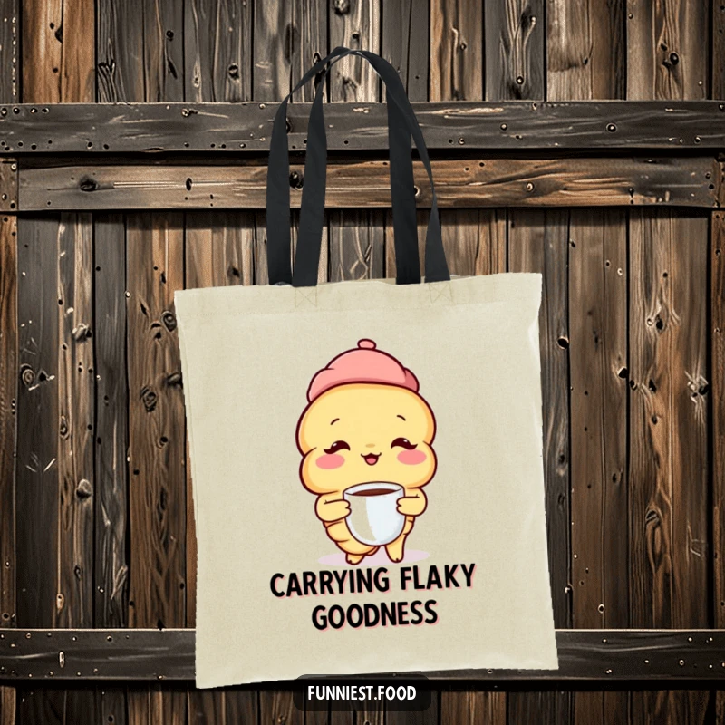 Funny Croissant Tote Bag: A stylish croissant with a beret sips coffee, designed for carrying groceries with Parisian charm.