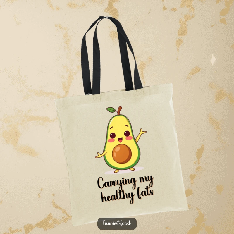 Funny surprised avocado character in a yoga pose, printed on a durable and humorous tote bag.