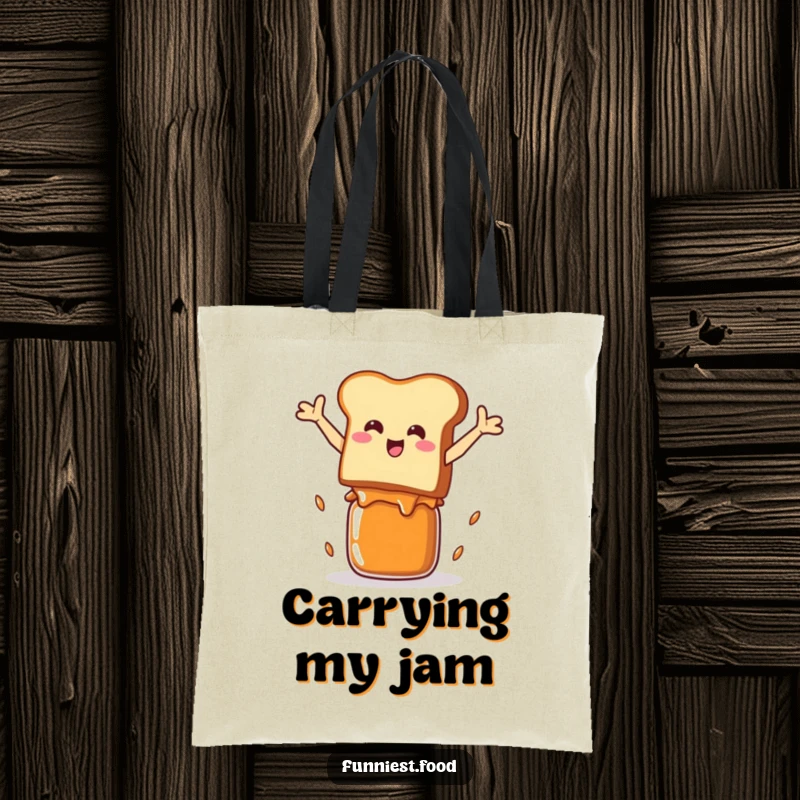 Funny Tote Bag: A smiling piece of toast performs an impressive jump over a jam jar, ready to carry your items.