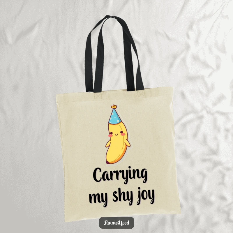 Funny shy banana with a tiny party hat, featured on a durable tote bag, perfect for shopping and carrying treats, a sweet funny gift.
