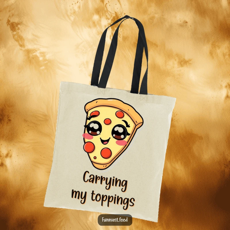 Funny giggling pizza tote bag, featuring a slice with pepperoni eyes, practical and humorous.